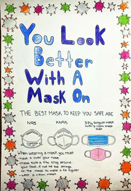 C.Y. gets the point across with this eye catching message. The detail in the drawings of mask types and the neat COVID border art are very impressive!